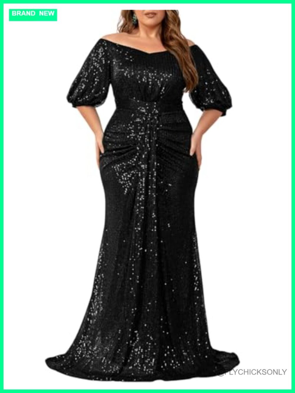 Plus Size Off Shoulder Sequin Formal Evening Gown Bubble Sleeve Party Dress